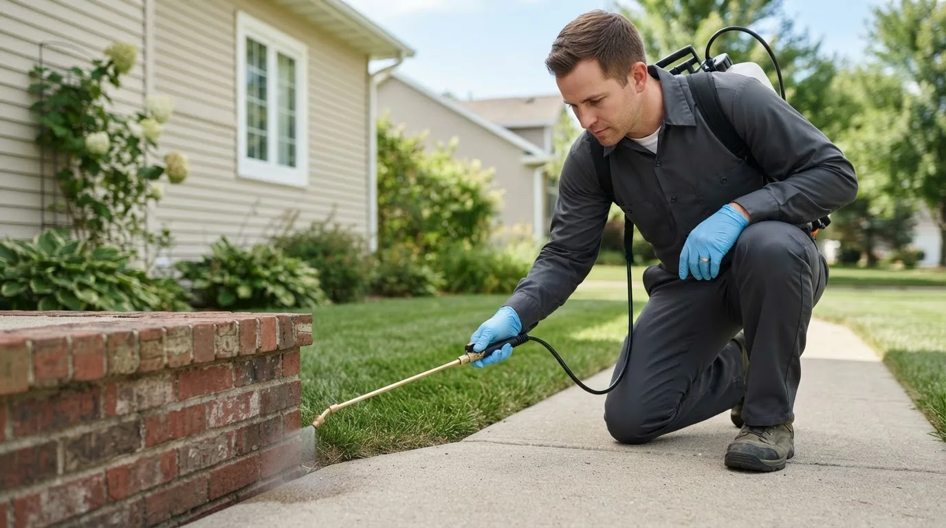 Pest control technician treating a home near Stout, IA