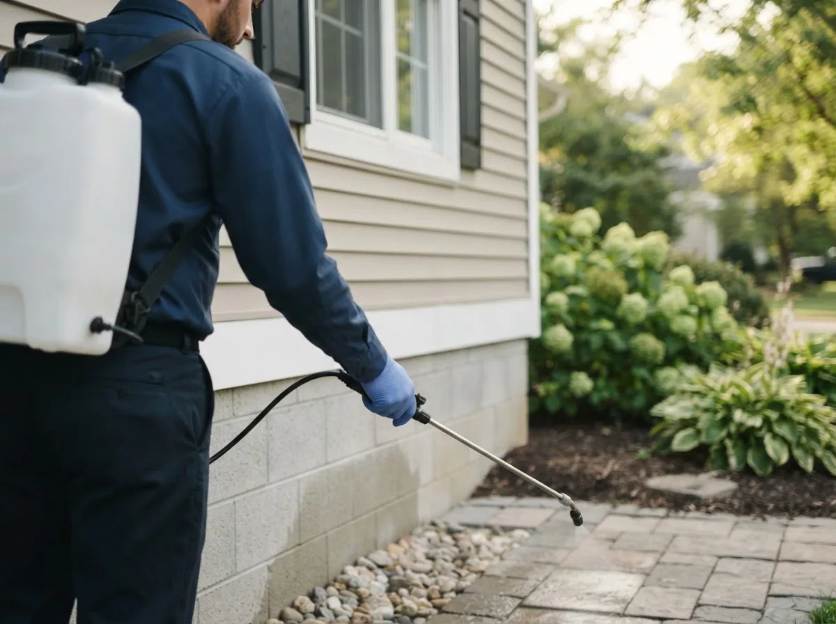 Pest control technician inspecting a home in Stout, IA